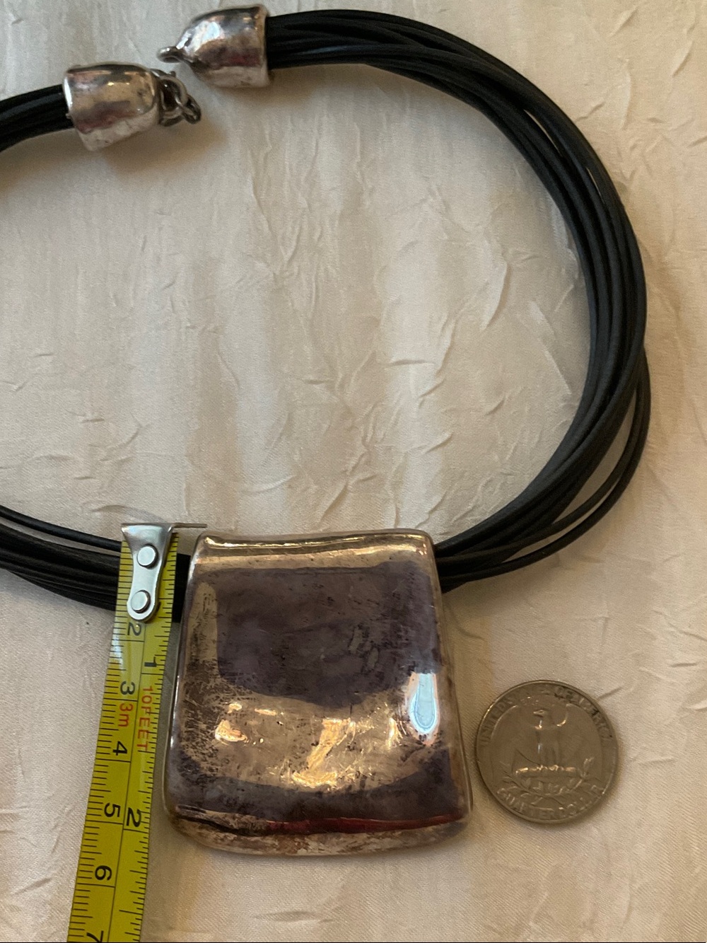 Bold Sterling Silver Pendant Choker Necklace on Black Cord - Picture 5 of 7